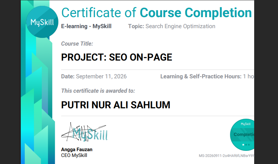 Preview sertifikat Project SEO On Page