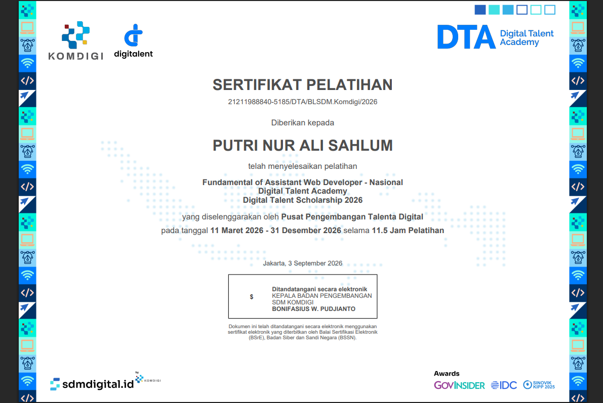Preview sertifikat Fundamental of Assistant Web Developer